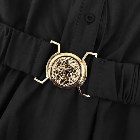 Black V-neck Button Front Bubble Dress, Elegant Lantern Sleeve Swing Dress - Picture 5 of 6